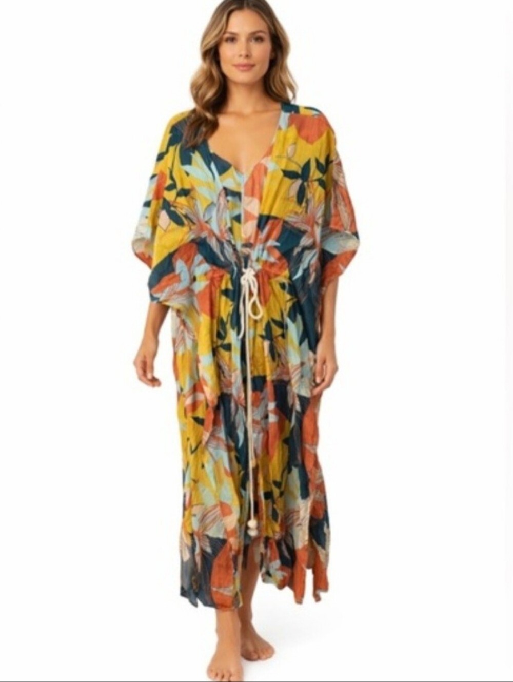 True Destinations Maxi Cotton Caftan Coverup M Resort Tropical